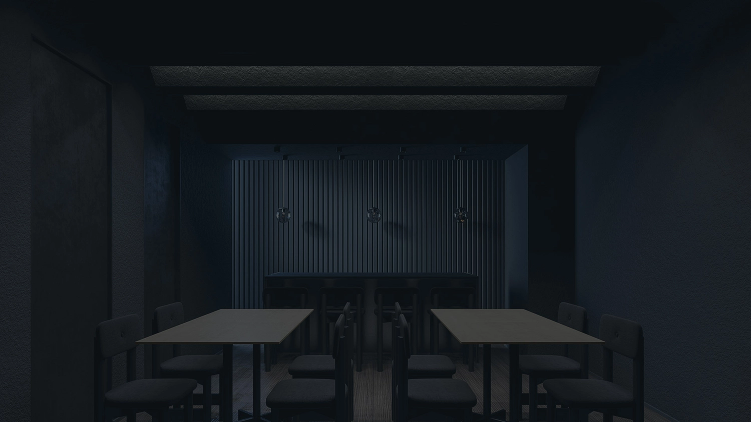 GM-Fensterbau - Fenster - Türen - Rollladen - Ein dunkles, minimalistisches Restaurantinterieur mit leeren Esstischen und einer Bartheke.