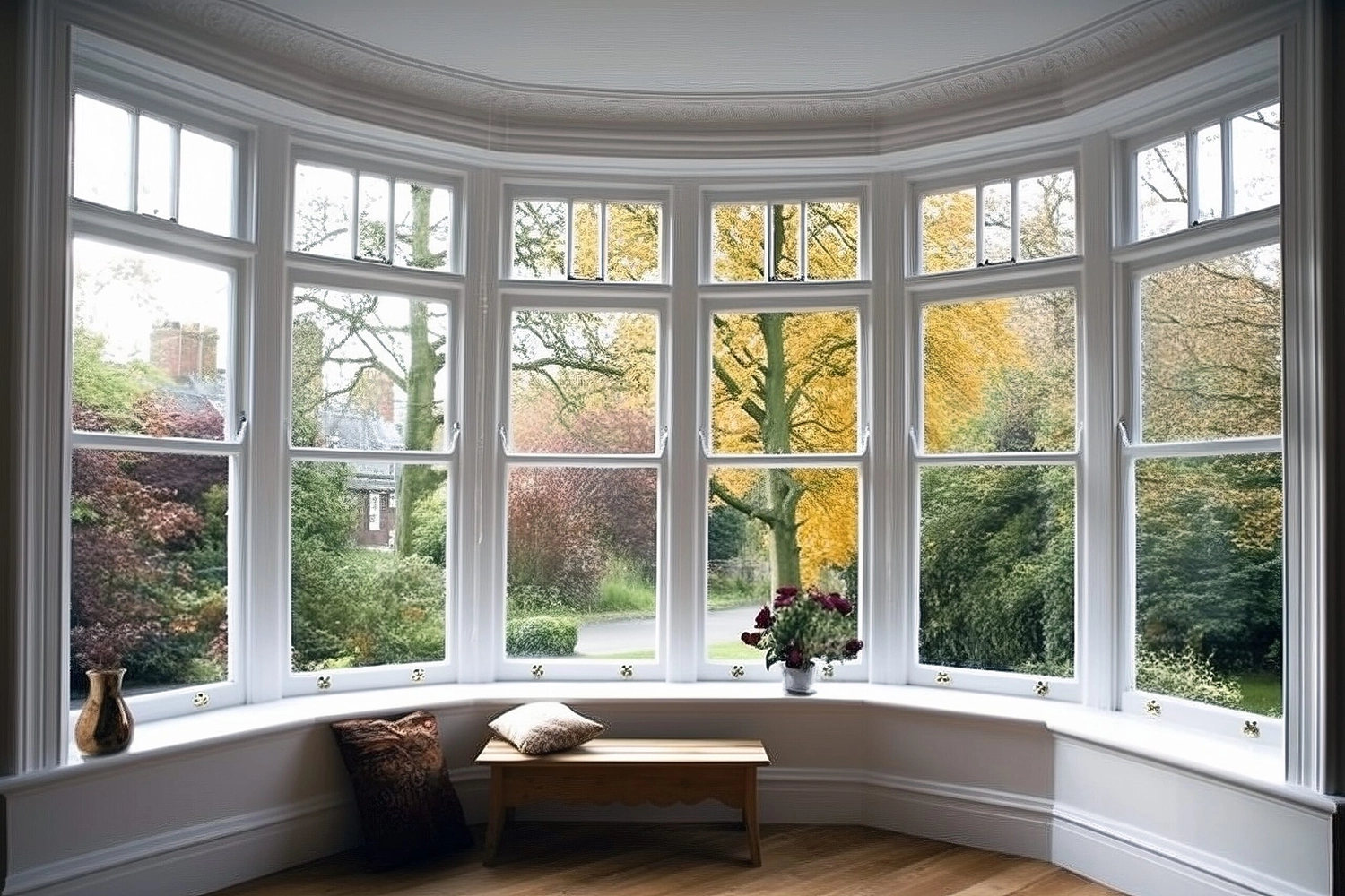 GM-Fensterbau - Fenster - Türen - Rollladen - Ein großes, weißes Erkerfenster aus Kunststoff bietet Blick auf einen üppigen Garten mit herbstlichen Bäumen.